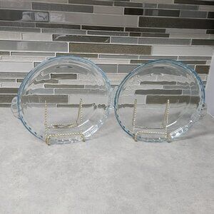 2 Marinex Blue Tinted Clear Glass Handled Pie Plates